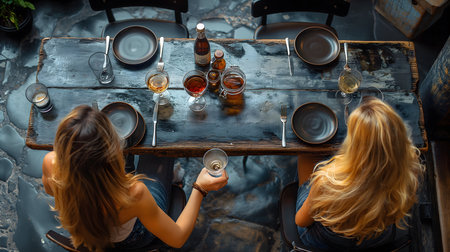Top view of two girls sitting at the table and drinking whiskey.の素材