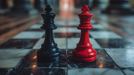 Black and red chess pieces on the chessboard. Concept of business strategy.の素材