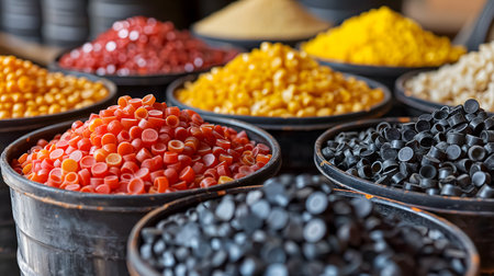 Variety of colorful dried fruits and vegetables in bowls on the marketの素材