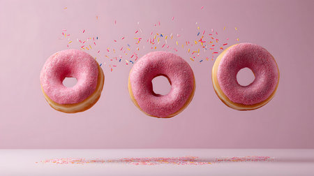 Pink donuts flying in the air on pink background. 3d renderingの素材