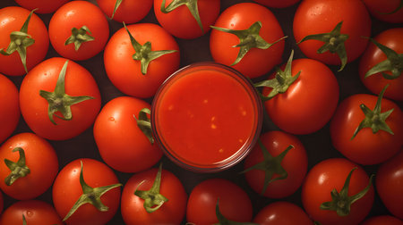 Tomatoes and tomato juice in a glass on a dark background.の素材