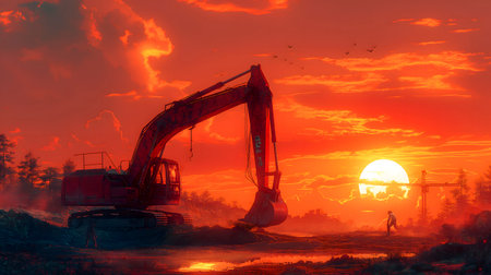 Excavator at work on a construction site in the setting sunの素材