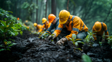 Team of engineers are planting trees in the forest. Selective focus.の素材