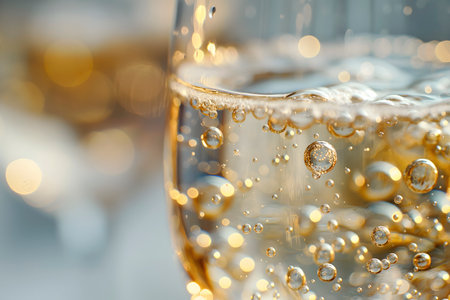 Glasses of champagne with bubbles on blurred background, close-upの素材
