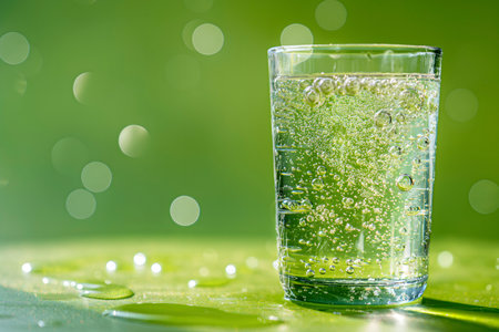 Glass of water with bubbles on a green background with dew dropsの素材
