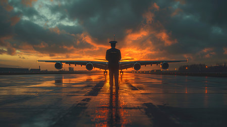 Silhouette of a pilot in front of an airplane at sunsetの素材