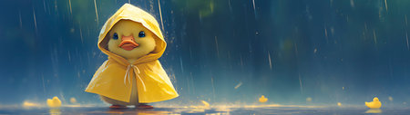 Cute little duckling in yellow raincoat standing in the rain, 3d renderingの素材