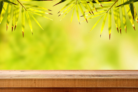 Wooden table and bamboo leaves background.の写真素材