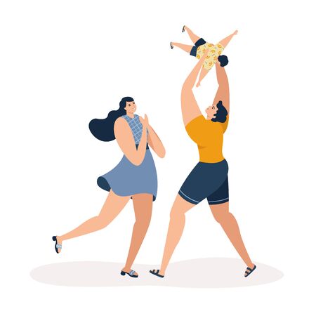 Happy family together, parents with their little child. Father raising baby up in the airのイラスト素材