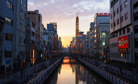 OSAKA, JAPAN - MARCH 16 2015 : Dotonbori Canal in Osaka, Japan. A popular nightlife and entertainment area characterized by its eccentric atmosphere and large illuminated signboards.のeditorial素材