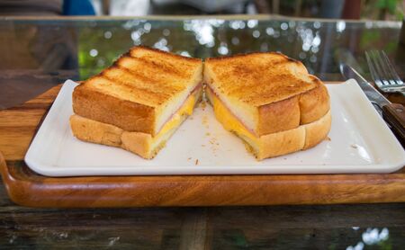 Two toasted ham and cheese sandwiches on white plate.の写真素材