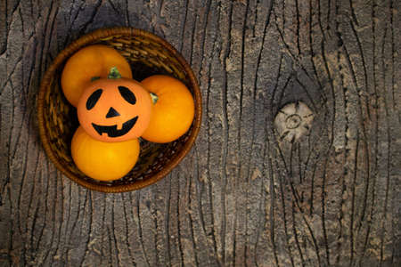Halloween card. Three orange pumpkins. One of them is Jack. They lie in a basket on the bark of a treeの写真素材