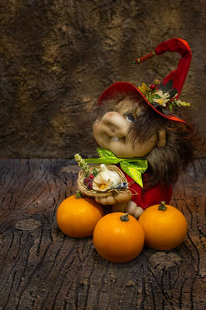 Pumpkins and witch toy with garlic, berry, money and flower on wooden tableの写真素材