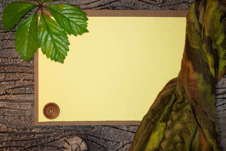 paper blank space for text with leaf, wooden buttons and scarf. Autumn background. Copy spaceの写真素材