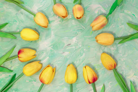 Yellow tulips arranged in a circle in the form of a frame for text on a green mint background with brush strokes. Greeting card with Easter, March 8, happy birthday, mother's day. Copy spaceの写真素材