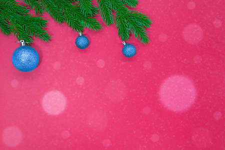 Spruce branches with blue Christmas tree shiny toys on pink background with snow bokeh. Copy spaceの写真素材