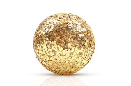 Gold festive shiny ball with large sparkles on white isolated background. Design element. Disco, Party, Christmas, New Yearの写真素材