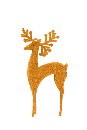 Golden decorative christmas reindeer with glitter and shimmer on white isolated background. Design element. Christmas, New yearの写真素材