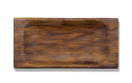 Wooden dish - plate for food on white background. Old through. design elementsの写真素材