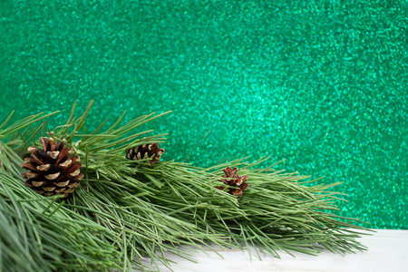 Natural pine tree Branches with cones on white table. Blurred green bokeh. Christmas, New Year. copy spaceの写真素材