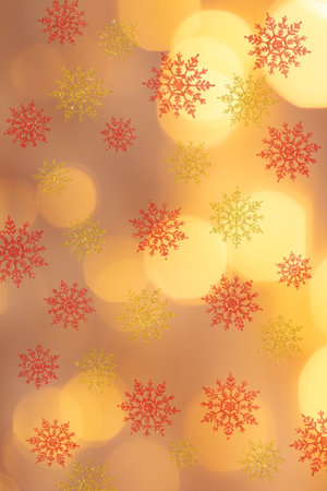 Gold and red snowflakes on blurred bokeh with soft light background. Christmas, New Year. copy spaceの写真素材