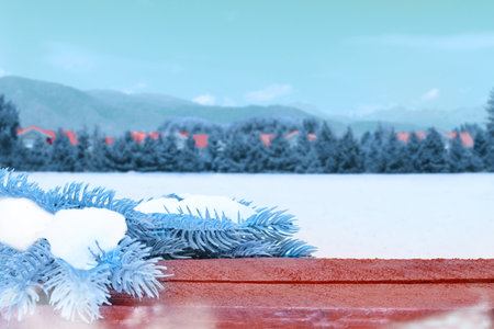 Fir branch in hoarfrost on red boards with space for something. Behind the snow-covered pines, houses, mountains. Winter. copy spaceの写真素材