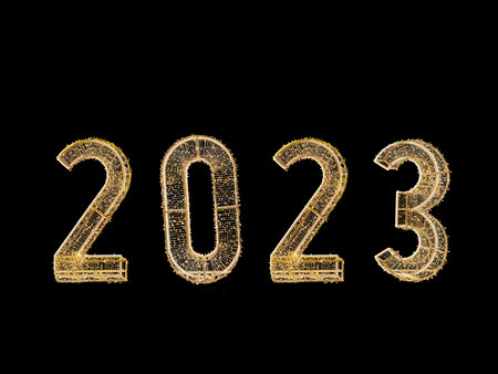Number 2023 from yellow lights on black isolated background. date of year. Christmas, New Yearの写真素材