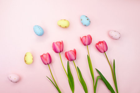 Painted eggs with tulips on pink background. Easter, spring. pastel background. flat lay. copy spaceの写真素材