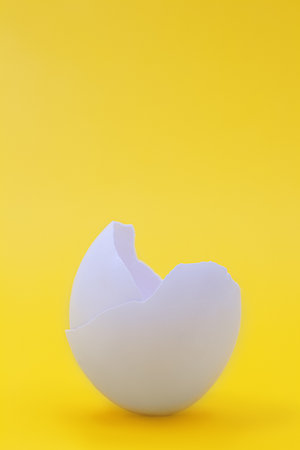 Eggshell on a yellow background. Broken cracked egg. Easter, birth. copy spaceの写真素材