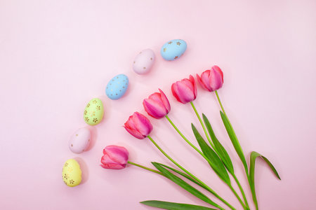 Painted eggs with tulips on pink background. Easter, spring. pastel background. flat lay. copy spaceの写真素材