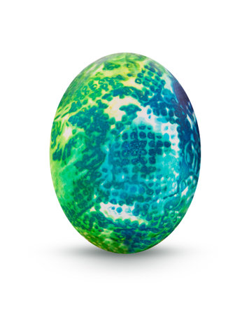 Abstract blue - yellow - green drawings on painted eggs on white isolated background. Easter concept, fantasy animal eggs. copy spaceの写真素材