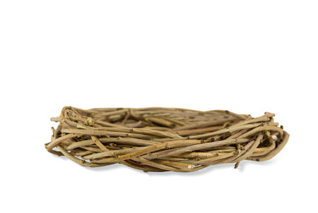 Natural bird's nest from branches on white isolated background. Easter, natural element. copy spaceの写真素材