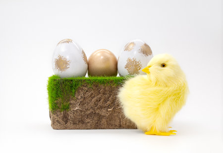 Chicken next to stone pedestal with grass and painted gold and white eggs on white background. Easter. copy spaceの写真素材