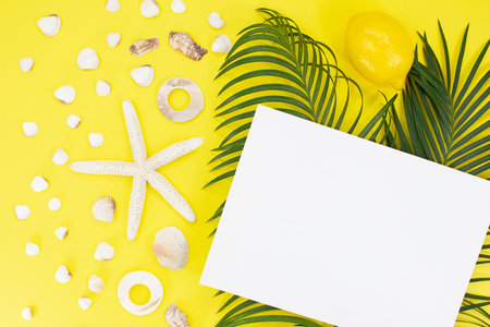 White starfish, shells with palm leaves and paper for text on side on yellow background. flat lay. Travel, vacation, summer. copy spaceの写真素材