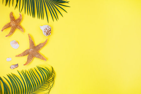Summer minimal background with orange starfishes, shells and palm tree on yellow background. Aesthetic photography. Travel. copy spaceの写真素材
