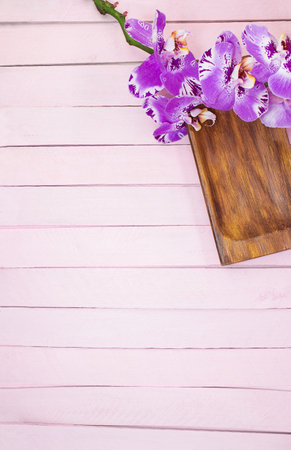 Purple orchid and wooden bowl on pink boards background. Zen, beauty, spa, care, for product presentation. copy spaceの写真素材