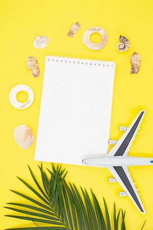 Plane with palm branches with frame of shells around notepad on summer yellow background. Vacation, travel concept, flat lay top view, minimal exotic concept. Verical. copy spaceの写真素材