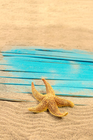 Orange starfish on blue rustic nautical wooden pier boards. Summer, sea background. Concept of travel, vacation. vertical. copy spaceの写真素材