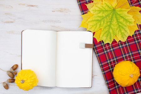 Yellow leaves, red checkered plaid, acorns and empty notebook. Autumn concept, study, work. copy spaceの写真素材