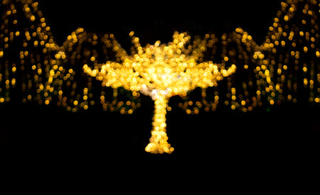 Defocused illuminated tree with blurred lights with garlands on black isolated background. City, holiday lighting. Christmas, New Year, holidays, evening lanterns. Soft focus. Copy spaceの写真素材