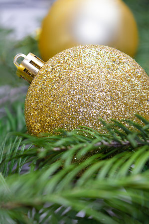 Golden shiny balls in pine branches. Christmas, New Year, holiday background. Copy spaceの写真素材