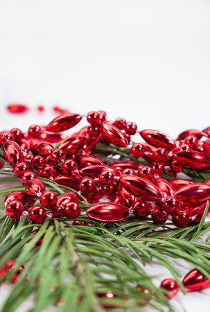 Red shiny beads in pine branches isolated on white background. Decorations. Christmas, New Year, birthday, holiday. Vertical. Copy spaceの写真素材