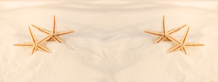 Orange starfish with sand waves on beach. Vacations, relaxation, travel to dark countries. Banner. With space for text or product. Copy spaceの写真素材