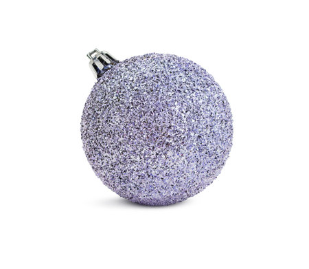 Shiny silver ball with big sparkles on white isolated background. Christmas, New Year, design element. Copy spaceの写真素材