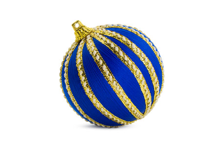 Blue with yellow ribbons striped ball with shadow on white isolated background. Christmas, New Year, design element. Copy spaceの写真素材