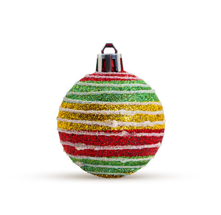 Shiny red yellow green striped ball with shadow on white isolated background. Christmas, New Year, design element. Copy spaceの写真素材