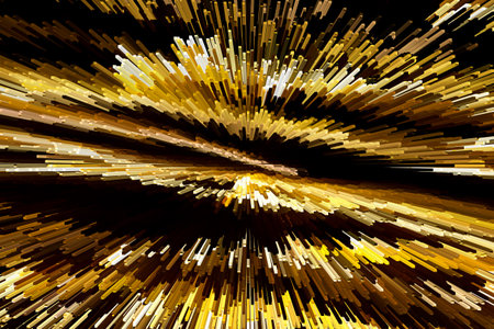 Yellow-brown-gold extrusion on black background. Blocks fly in different directions. Technology, abstract backdropの写真素材