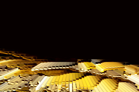Yellow brown golden extrusion on isolated black background. Blocks of gold in different directions. Abstract background. Copy spaceの写真素材