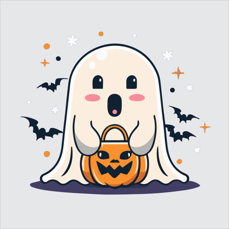 Cute Halloween ghost vector: Adorable and spooky graphics to haunt your designs. Perfect for festive decorations!のイラスト素材