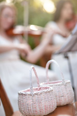 Wooden baskets on wedding party.の写真素材